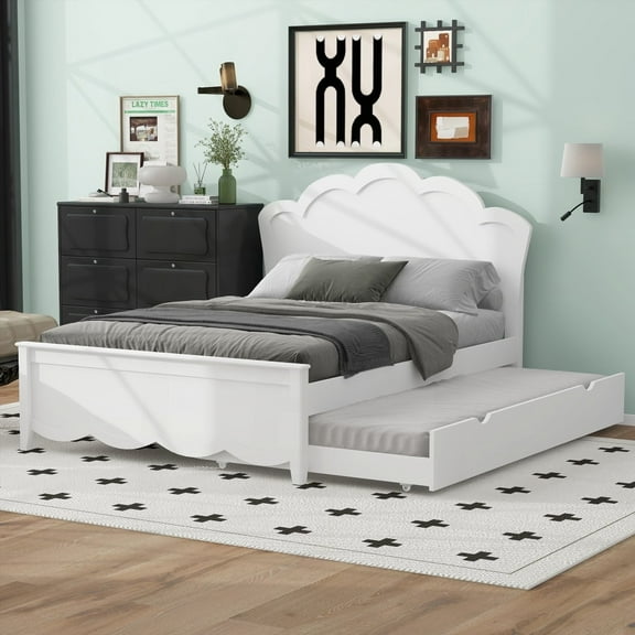 Full Size Wood Platform Bed with Headboard and Twin Trundle, Painted White