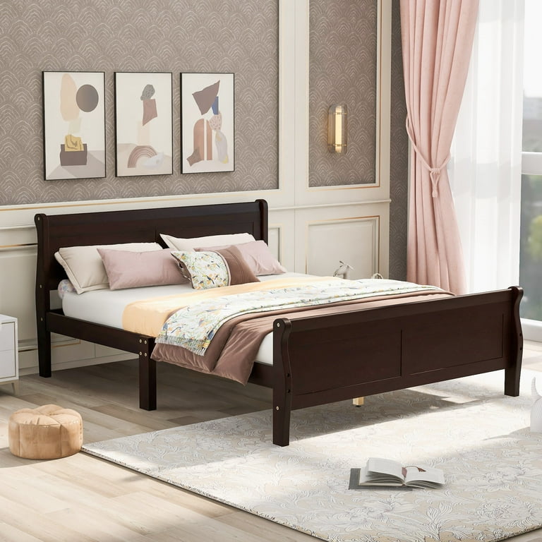 Full Size Wood Platform Bed with Headboard and Wooden Slat Support Easy Assembly No Box Spring Needed