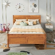 Full Size Wood Platform Bed with Headboard and Wooden Slat Support Oak