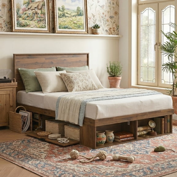 Full Size Wood Platform Storage Bed Frame with Panel Headboard, Industrial Rustic Style, No Box Spring Needed,Taupe