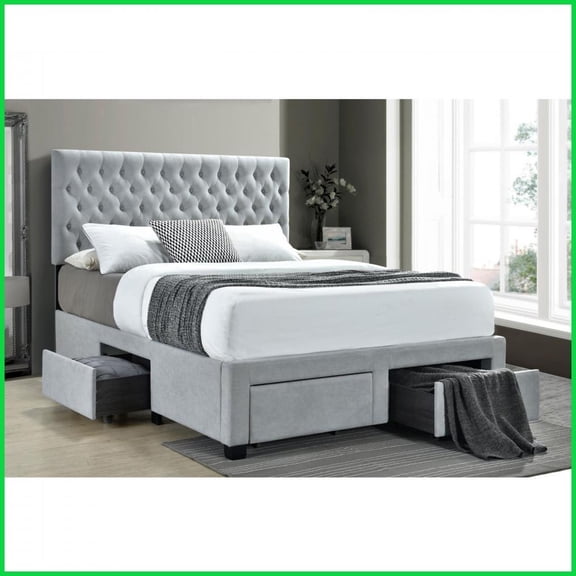 Full Size Wood Storage Bed with 4 Drawers - Light Grey, No Box Spring Needed, Ideal for Guest Room