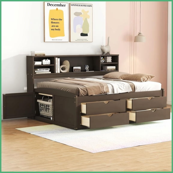 Full Size Wood Storage Daybed with 2 Cabinets 4 Drawers Shelves  No Box Spring Needed, Antique Brown