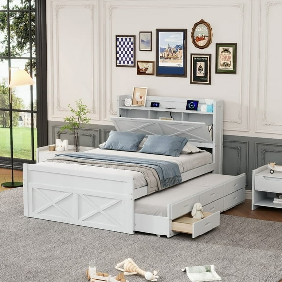 Full Size Wooden Bed with Storage Headboard & Outlets, Extendable Twin Trundle & 3 Under-bed Drawers, in White