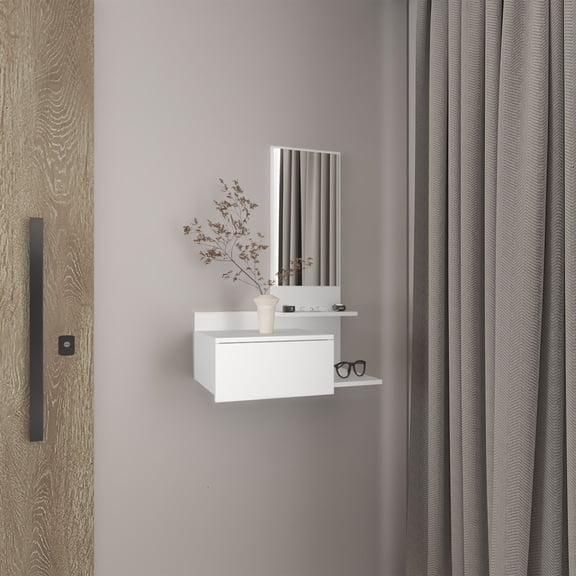 Full Size Wooden Cabinets, Vienna 23.6" Wide 3-Tier Shelf Floating Mirror Console Table, Full Extension Drawer White, White Living Room Cabinets,Particle Board Cabinets With Doors