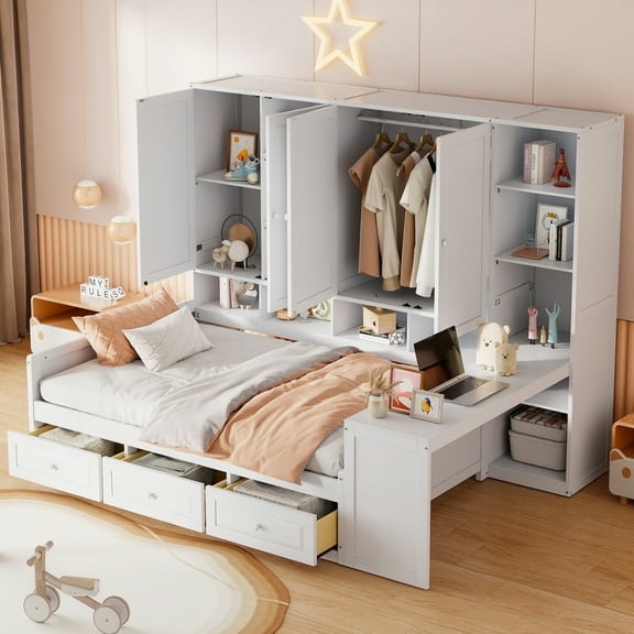 Full Size Wooden Daybed with Built-In Desk, Shelves & Cabinets - Three Drawers, All-in-One Storage Solutions, Space-Saving Furniture for Small Bedrooms, Home Offices, Customizable Layout, White Finish