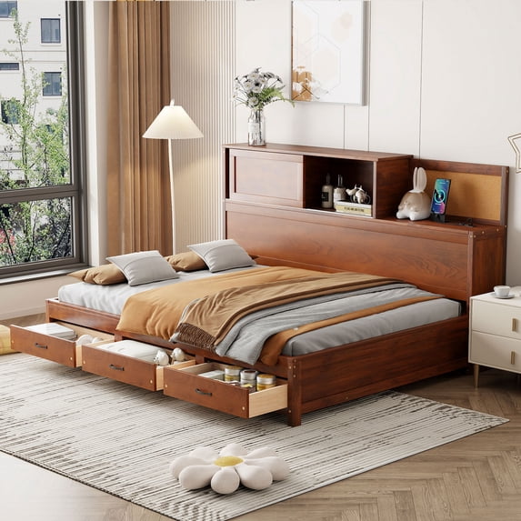 Full Size Wooden Daybed, Full Storage Bed with 3 Storage Drawers, Upper Soft Board, Shelf and a Set of Sockets and USB, Ports, No Box Spring Required, Daybed for Bedroom and Guest Room, Walnut