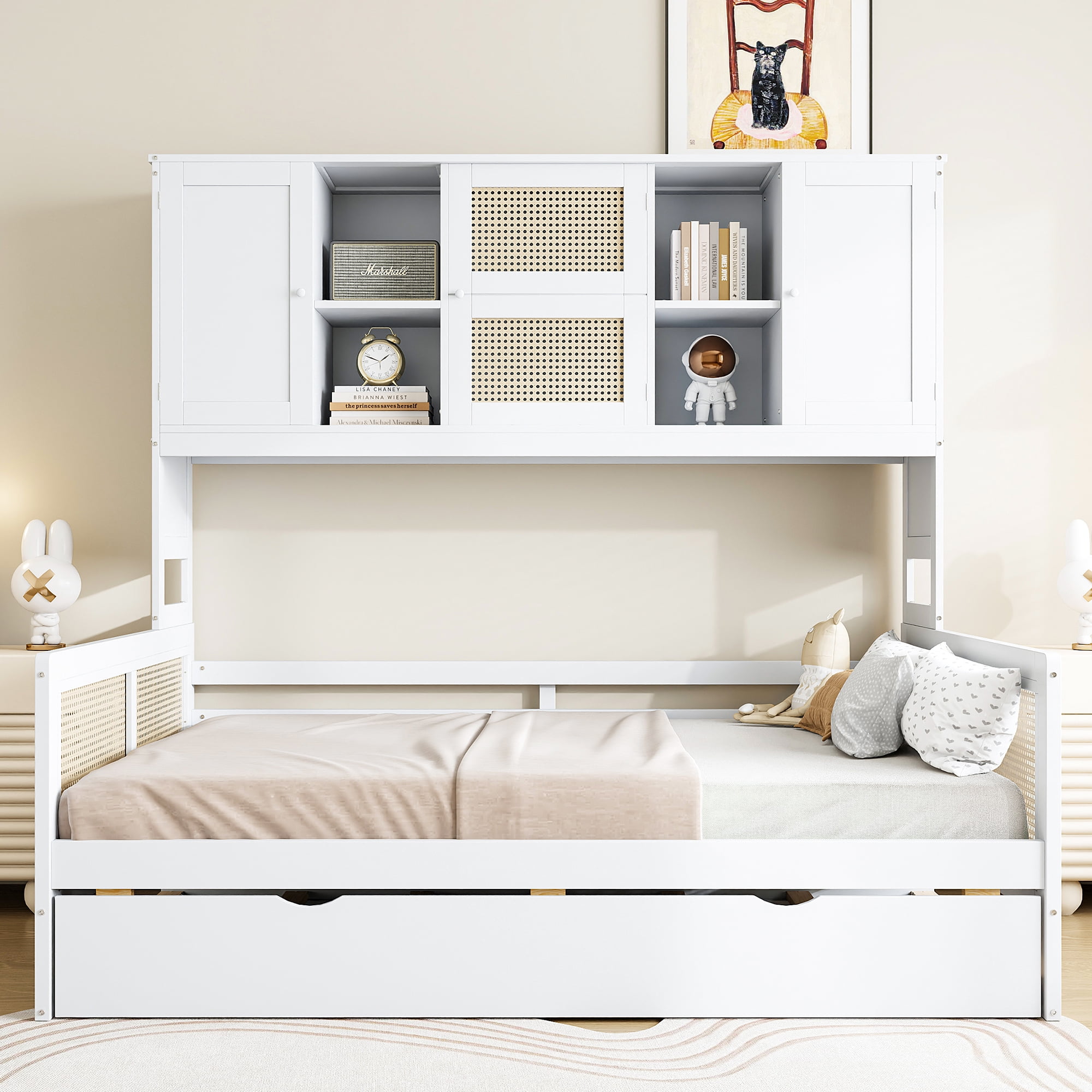 Full Size Daybed with Storage and Twin Trundle - White