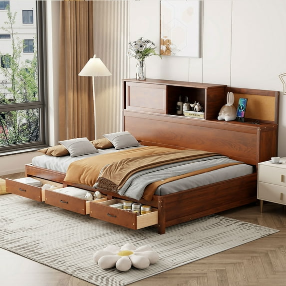 Full Size Wooden Daybed with 3 Drawers and Shelves, Practical Daybed with Socket USB Interface, for Bedroom, Walnut