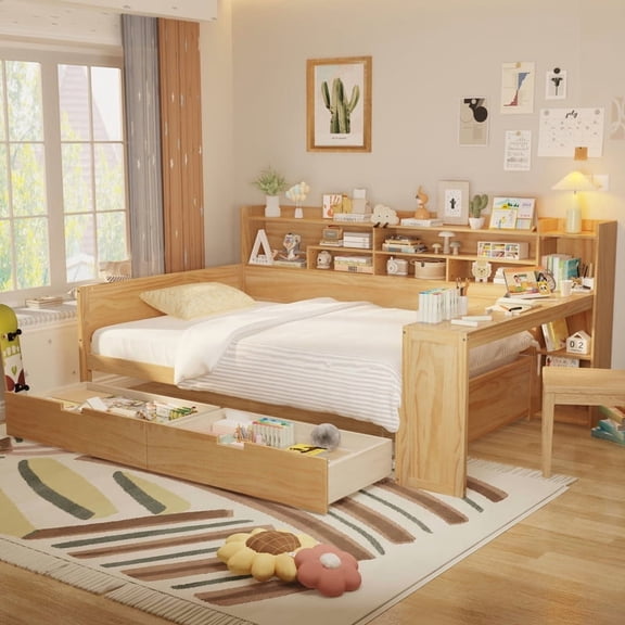 Full Size Wooden Daybed, with Storage Shelves + Two Storage Drawers + Study Desk, Multi-Functional Bed for Bedroom Space-Saving