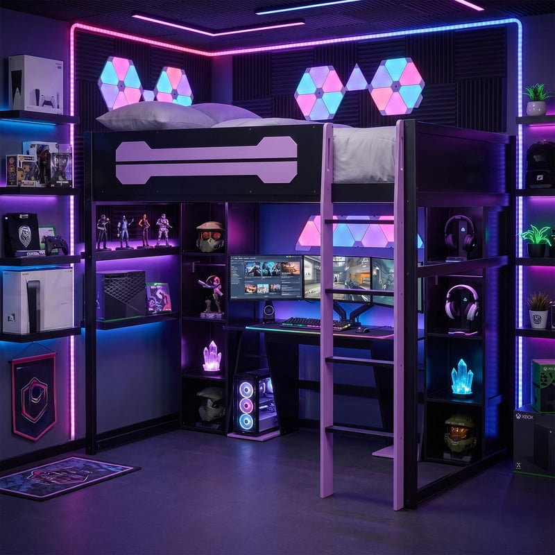 Full Size Wooden E-Sport Loft Bed with Desk, LED Lights & Charge Station, Storage Bed Frame with Built-in Wardrobe & Cabinets