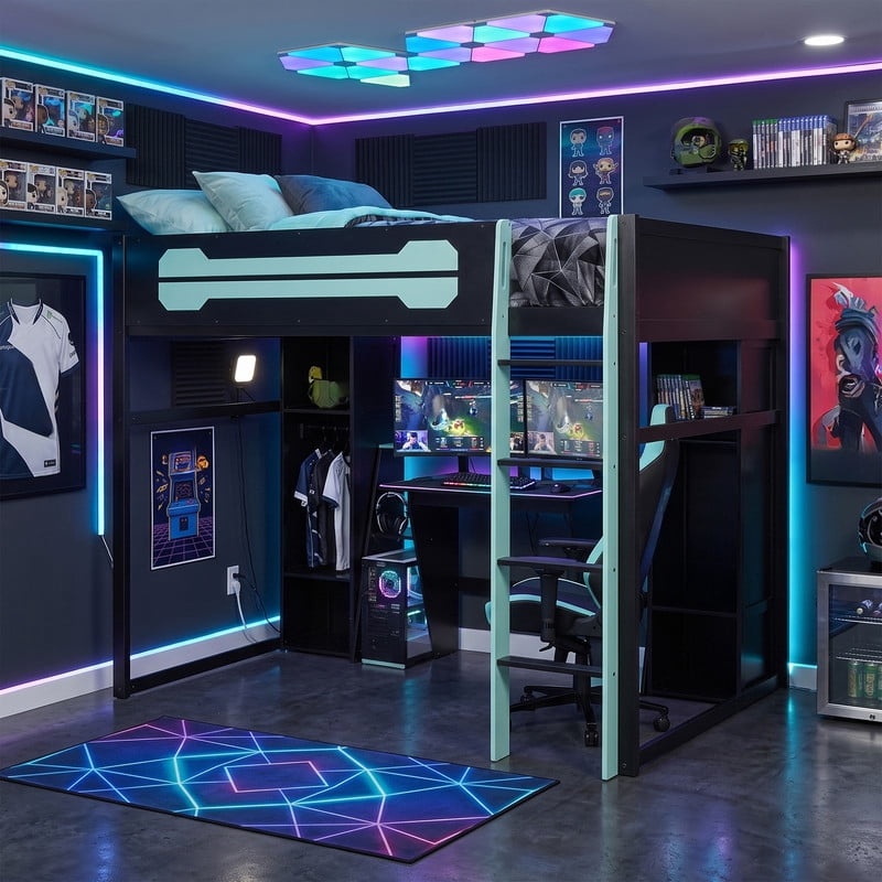Full Size Wooden Gaming Loft Bed with Desk, RGB LED Lights, USB Charging Station, Wardrobe and Storage Cabinets, Space-Saving Loft Bed Frame with Workstation for Bedroom