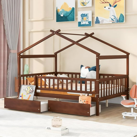 Full Size Wooden House Bed Frames with 2 Storage Drawers, Sturdy Simple House Platform Bed with Solid Wood Slat Support, No Box Spring Needed for Bedroom Small Living Space Boys Girls