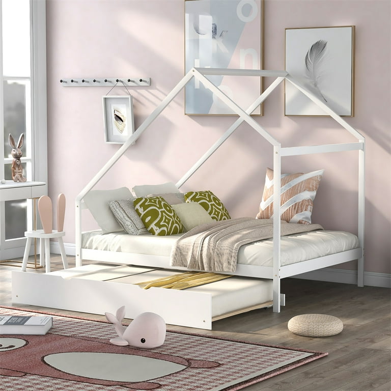 Full Size Wooden House Bed with Twin Size Trundle for Kids