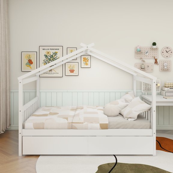 Full Size Wooden House Bed with Drawers, White