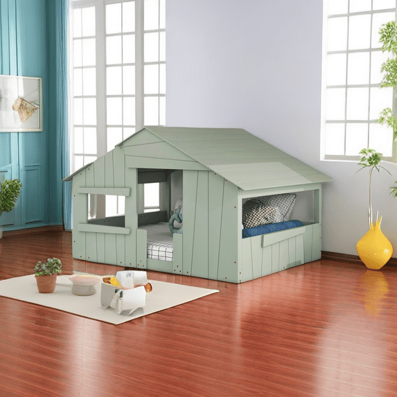 Full Size Wooden House Bed with Roof, Window and Guardrail,Full House-Shaped Platform Bed with Roof for Girls Boys