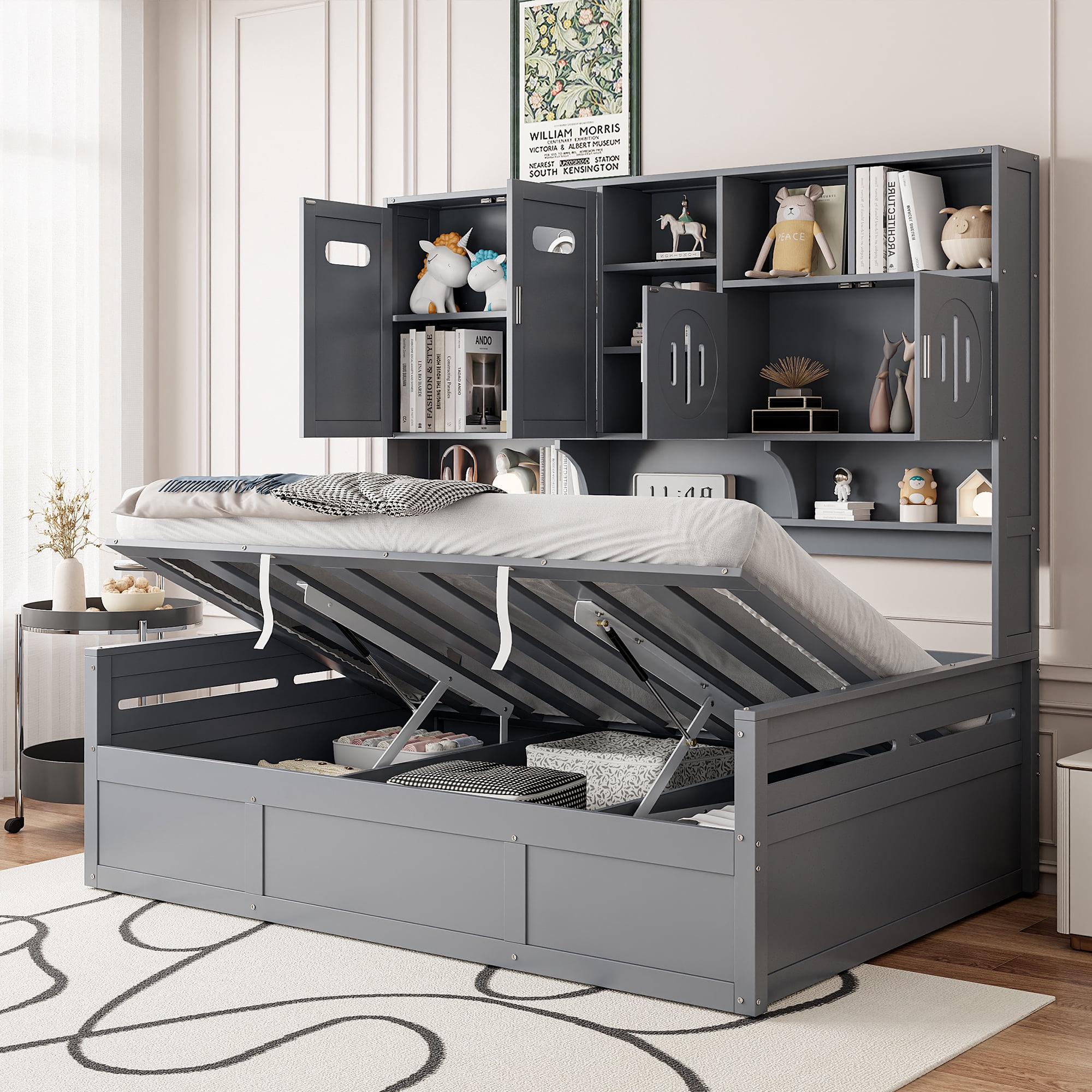 Full Size Wooden Hydraulic Daybed with All-in-One Cabinet &amp; Shelves - 3 ...