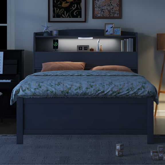 Full Size Wooden LED Platform Bed with Trundle, with Storage Headboard, with Drawers, Gray(Old SKU: N820S00009E)