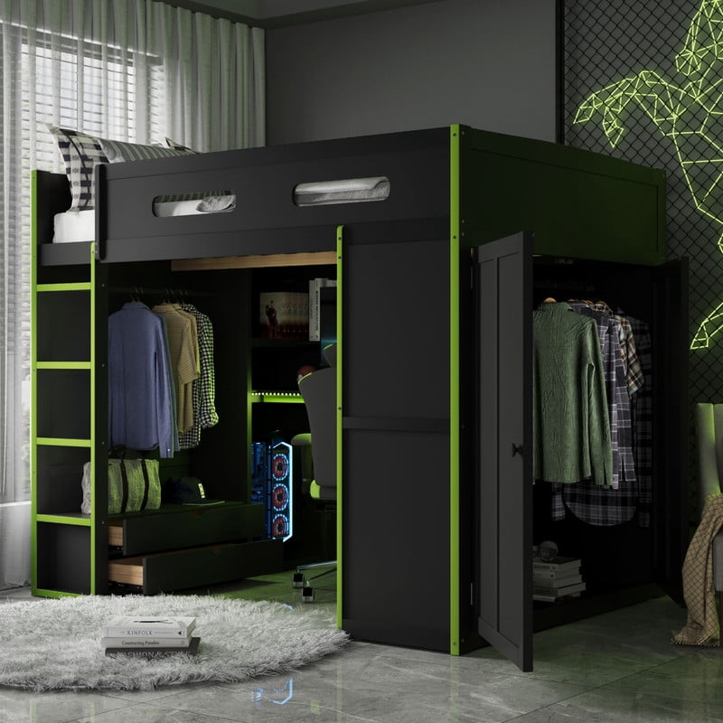 Full Size Wooden Loft Bed with Desk, Wardrobe and Storage Shelves, Gaming Loft Bed Frame with RGB LED Light, USB Charging Port and Built-In Workstation for Bedroom