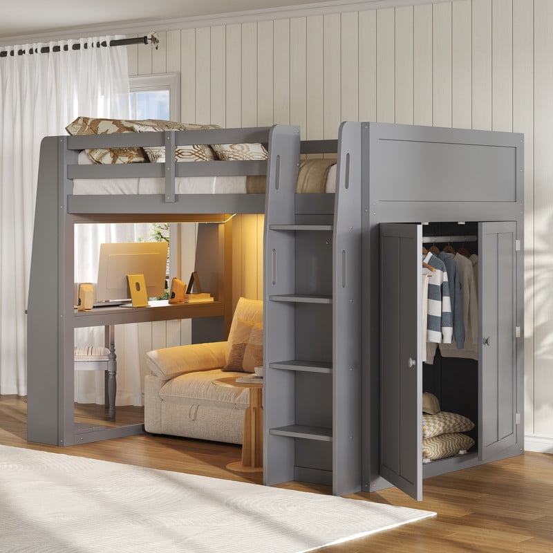 Full Size Wooden Loft Bed with Built-in Desk & Charging Station, Kids Storage Bed Frame with LED Light & Double Door Wardrobe