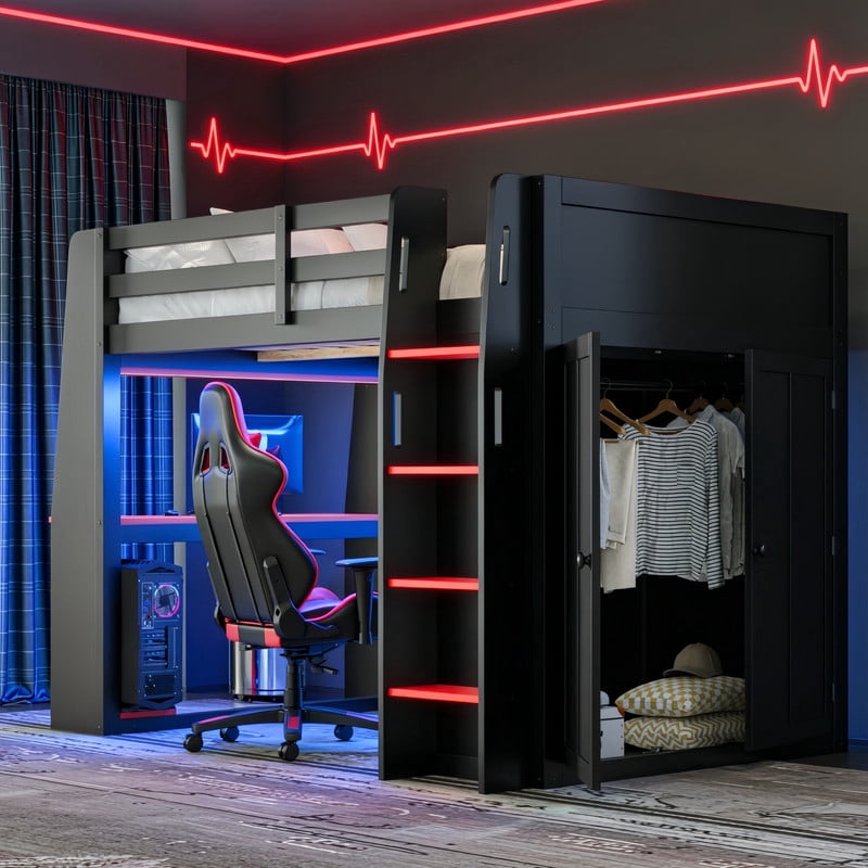 Full Size Wooden Loft Bed with Built-in Desk & Charging Station, Kids Storage Bed Frame with LED Light & Double Door Wardrobe