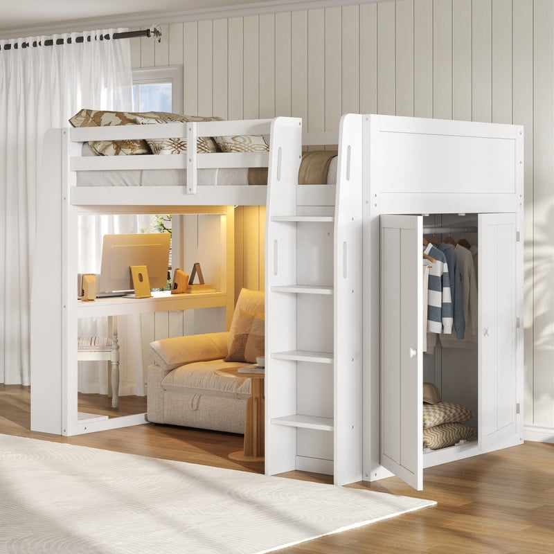 Full Size Wooden Loft Bed with Built-in Desk & Charging Station, Kids Storage Bed Frame with LED Light & Double Door Wardrobe