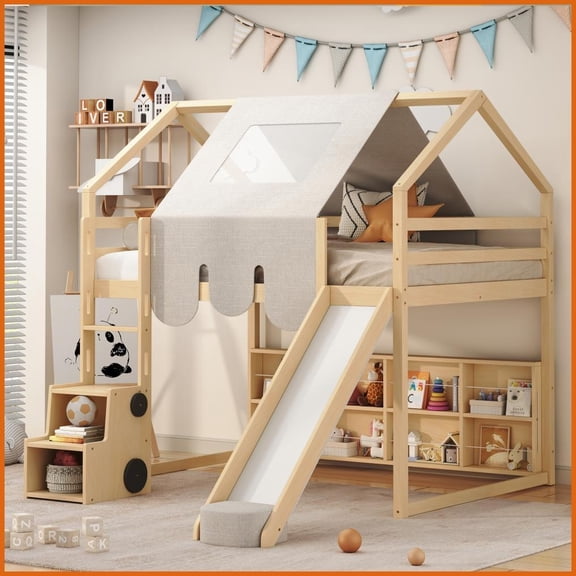 Full Size Wooden Loft Bed with House-Shaped Frame & Tent, Natural+Beige – Fun Play & Sleep Space