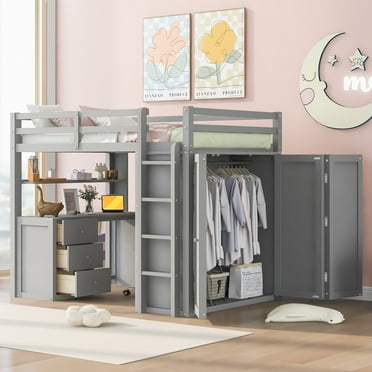 Full Size Wooden Loft Bed with Storage Shelves, Drawers, Built-in Desk,and Wardrobe, Full-length Guardrails, Gray