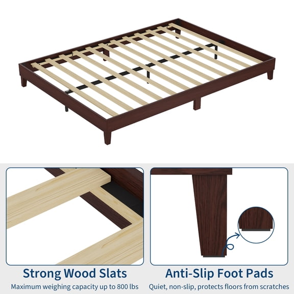 Full Size Wooden Platform Bed Frame - 9 Inch Low Profile - Sturdy Noise-Free Slat Support - Under Bed Storage - Traditional Red Walnut