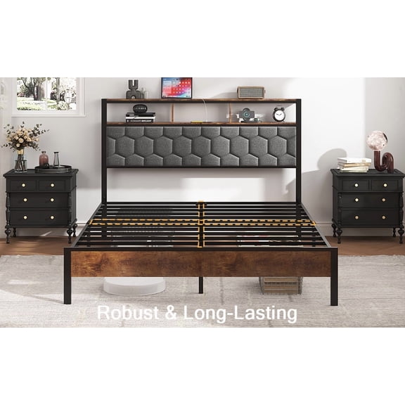 Full Size Wooden Platform Bed Frame with Built-in Charging Station (2 USB, 1 Type-C) & Upholstered Headboard - Noise-Free, Box Spring Not Required, Large Under-Bed Storage, Brown