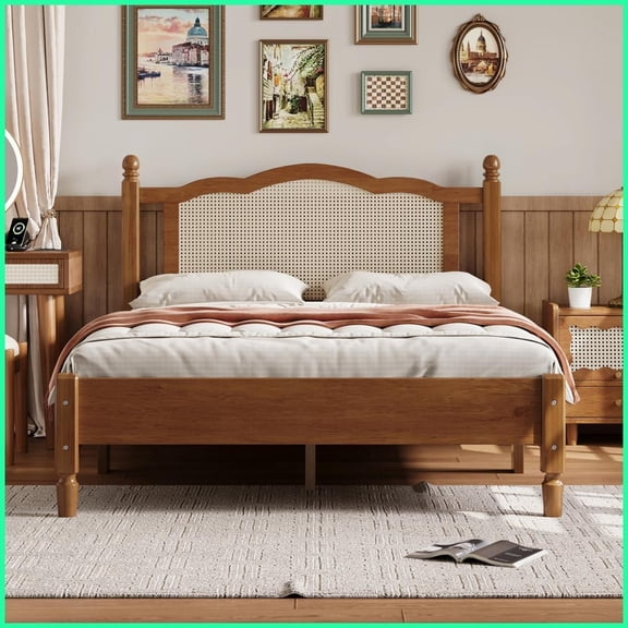 Full Size Wooden Platform Bed with Natural Rattan Headboard - Walnut Vintage Frame with Slat Support
