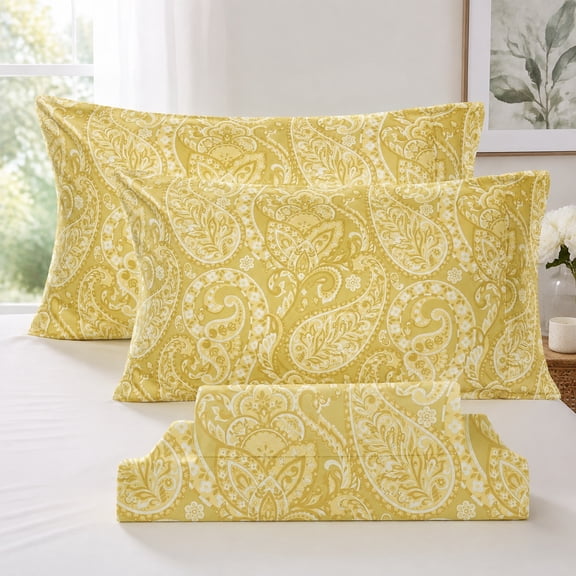 Full Size Yellow Paisley Floral Bed Sheets Set, Deep Pocket Microfiber Soft Breathable 1800 Thread Count Bedding