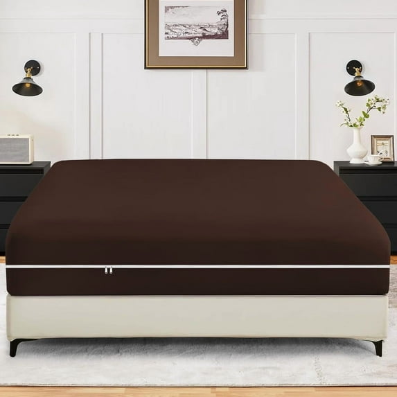 Full Size Zippered Closure Fitted Sheet (54" x 75"), 1-Piece Bottom Sheet, 100% Microfiber, Fits Up to 15" Deep Mattress, Color Chocolate Solid