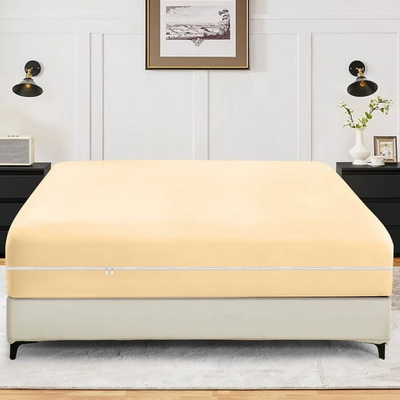 Full Size Zippered Closure Fitted Sheet (54" x 75"), 1-Piece Bottom Sheet, 800 Thread Count 100% Egyptian Cotton, Fits Up to 21" Deep Mattress, Color Beige Solid