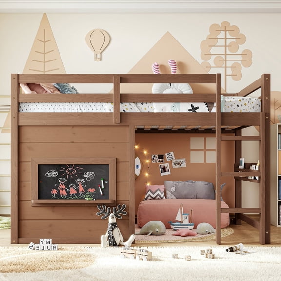Full Size loft bed Frame with Playful Sliding Chalkboard, Modern Wood Loft Bed with Builtin Bookshelf and HighQuality Safety Rails for Bedroom, Apartment, Dorm, Mattress Not Included,Light Natural