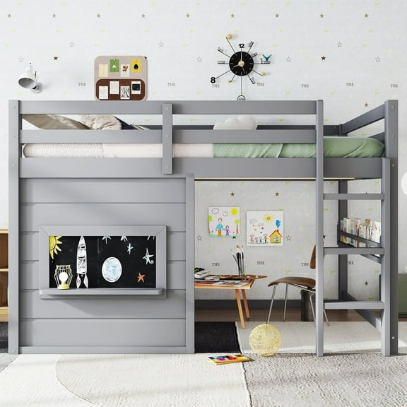Full Size loft bed with a playful sliding chalkboard, built-in bookshelf, and high-quality safety rails,Gray