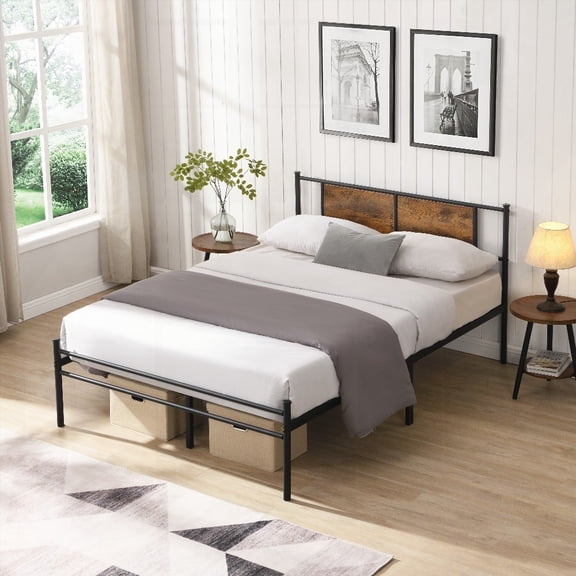 Full Size metal bedframe with black finish and wood panel decoration for bedroom