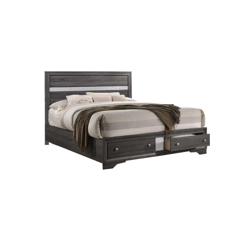 Catherine Full Double Gray Wood Bedframe with Silver Detailing and Drawer Storage
