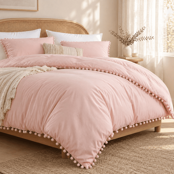 Full Sizeforter Sets Blush Pink Pom Fringe Bedding Set 3