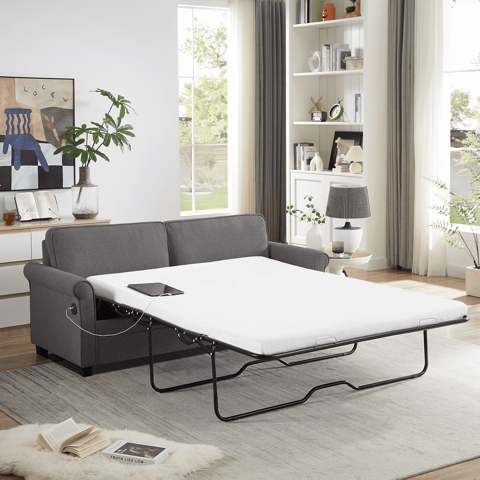 Full Sleeper Sofa Bed, 2-in-1 Pull Out Couch w/Mattress & USB Charging, Compact Loveseat for Small Spaces, Living Room & Bedroom, Dark Grey