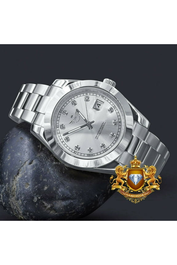 Full Solid Steel 18K White Gold Tone Simulated Diamond 40mm Men's Watch W/Date