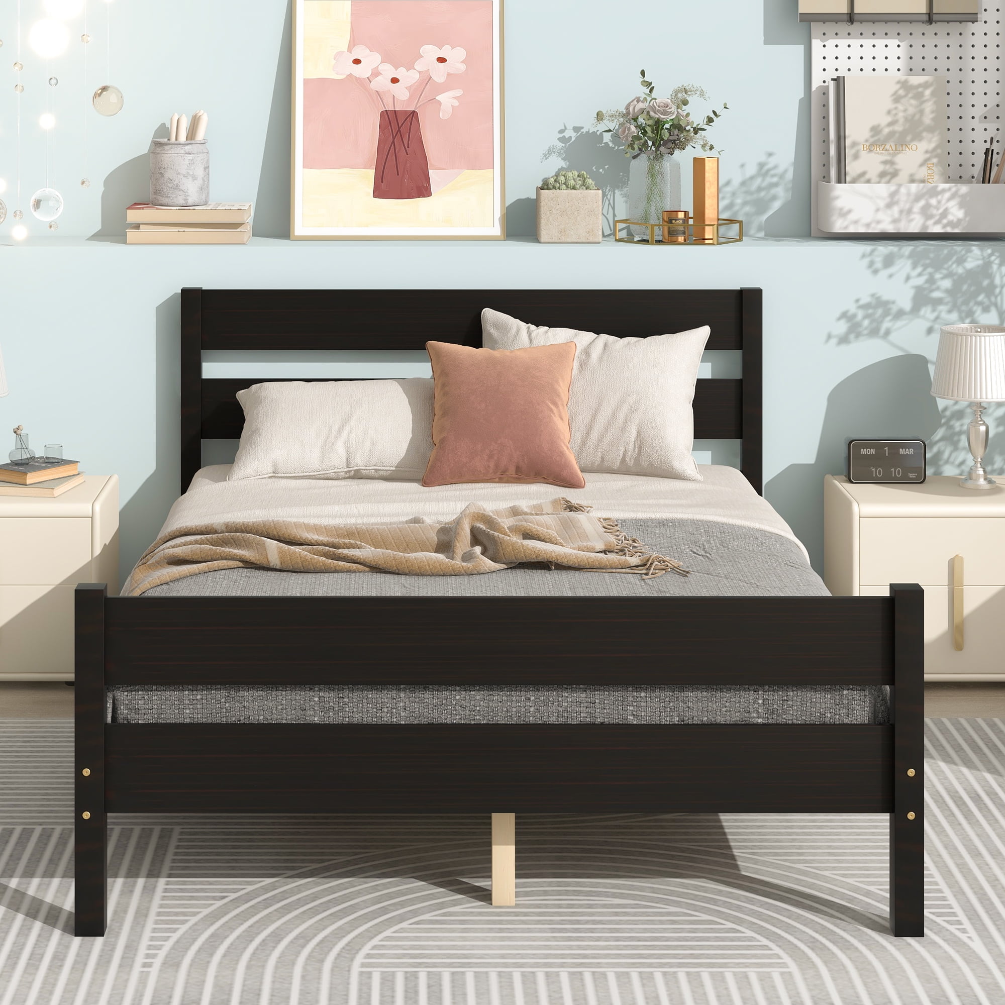 Full Solid Wood Platform Bed with Wooden Slats, Full Size Platform Bed