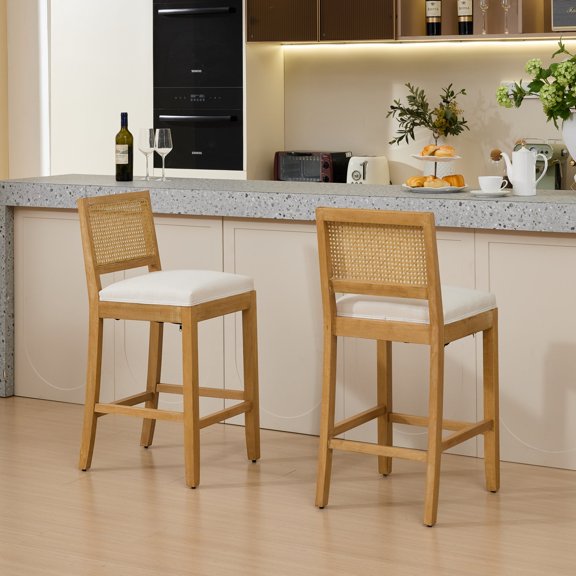 Full Solid Wood Rattan-Back Bar Stool Set of 2 with Linen Cushion, Ideal for Kitchen Island