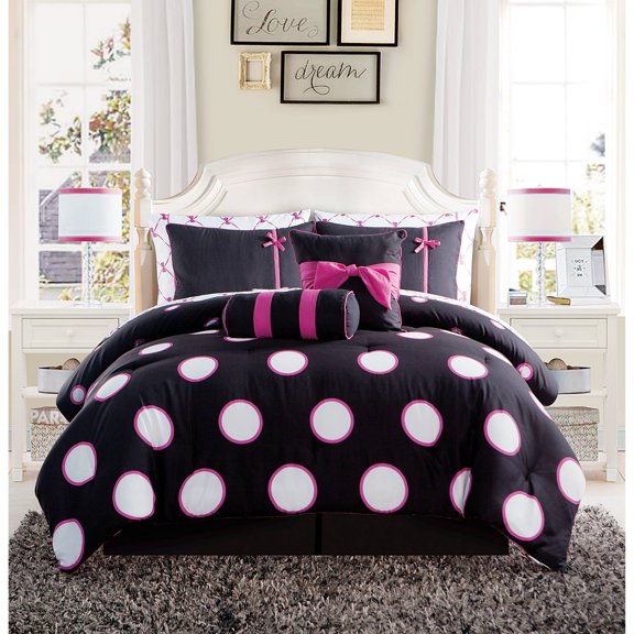 Full Sophie Comforter Set Black/Pink Home: Microfiber, Polka Dots, Kids Bedding Sets with Sheets & Shams