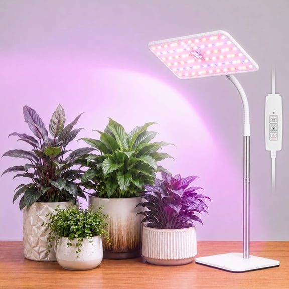 Full Spectrum LED Grow Light with Stand, 120 LEDs, 4 Dimmable Levels, Timer, Height Adjustable 12-60 Inches, 18W, One Head