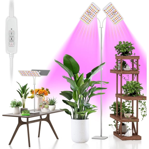 Full Spectrum LED Grow Light with Stand, Three Adjustable Heads, 360 LEDs, 4 Dimmable Levels & Timer, 12-60 Inch Height, 48W for Indoor Desk Plants
