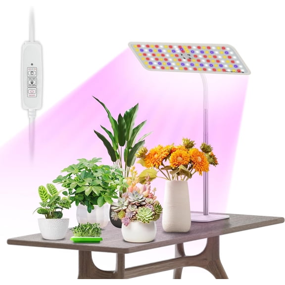 Full Spectrum LED Grow Light with Stand, Three Adjustable Heads, 360 LEDs, 4 Dimmable Levels & Timer, 12-60 Inch Height, 48W for Indoor Desk Plants