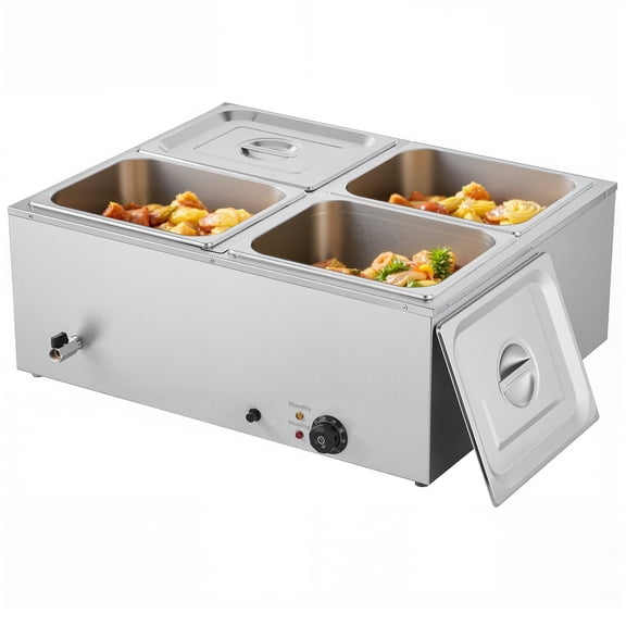 Full Stainless Steel Commercial Food Warmer 1500W Electric Steam Bain Marie with 4-Pan Fast Heating & Lid, Includes Soup and Perforated Ladles - Ideal for Catering, Restaurants, and Party Buffets