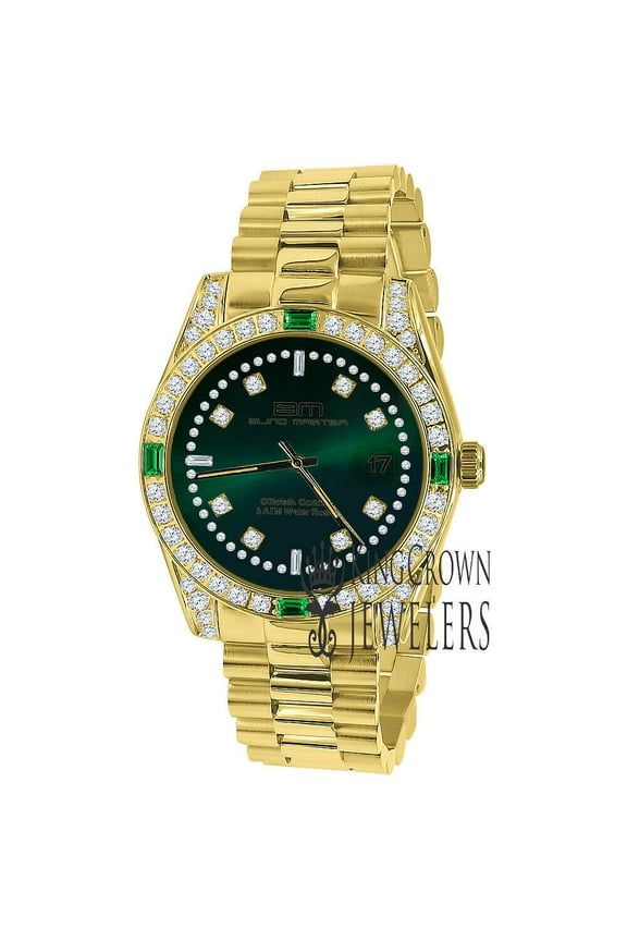 Full Stainless Steel Green Vignette Dial Simulated Diamond Gold Tone 40mm Presidential Watch