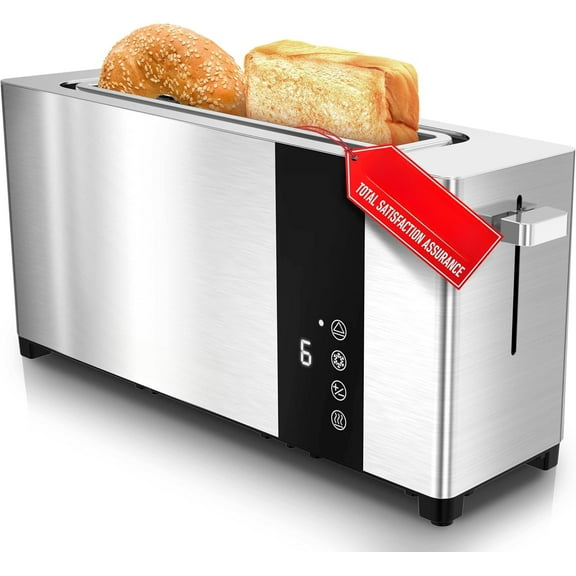 Full Stainless Steel Toaster, Long Extra-Wide Slots for Bagels and Waffles, 6 Browning Levels, LED Display, Cancel/Defrost/Reheat Functions & Removable Tray, Kitchen Gadgets