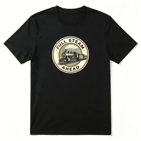 Full Steam Ahead Train Engine Vintage Graphic Tee for Men, Outdoor Retirement Gift Cotton Short Sleeves T-Shirt